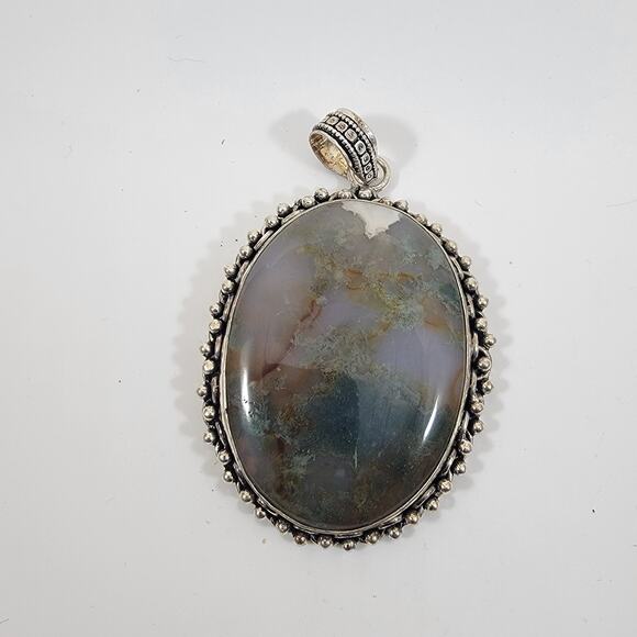 Handmade Sterling Silver Pendant with Moss Agate Oval Cabochon Green Gemstone - Picture 10 of 10